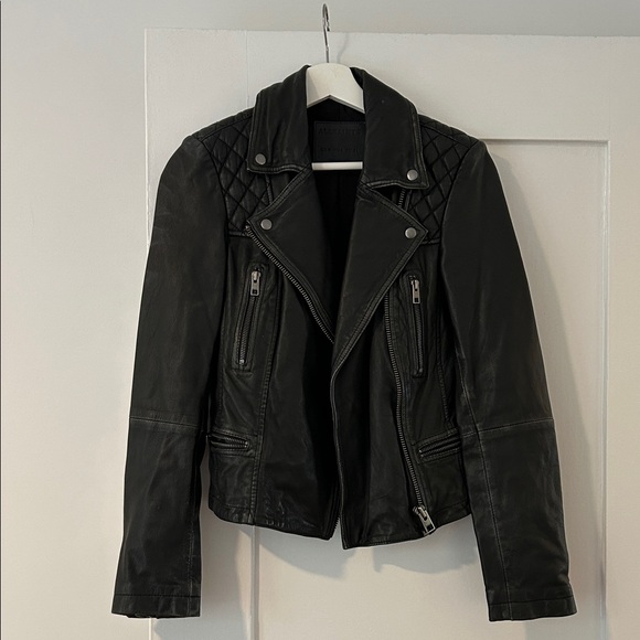all saints quilted distressed black leather jacket - Picture 1 of 4